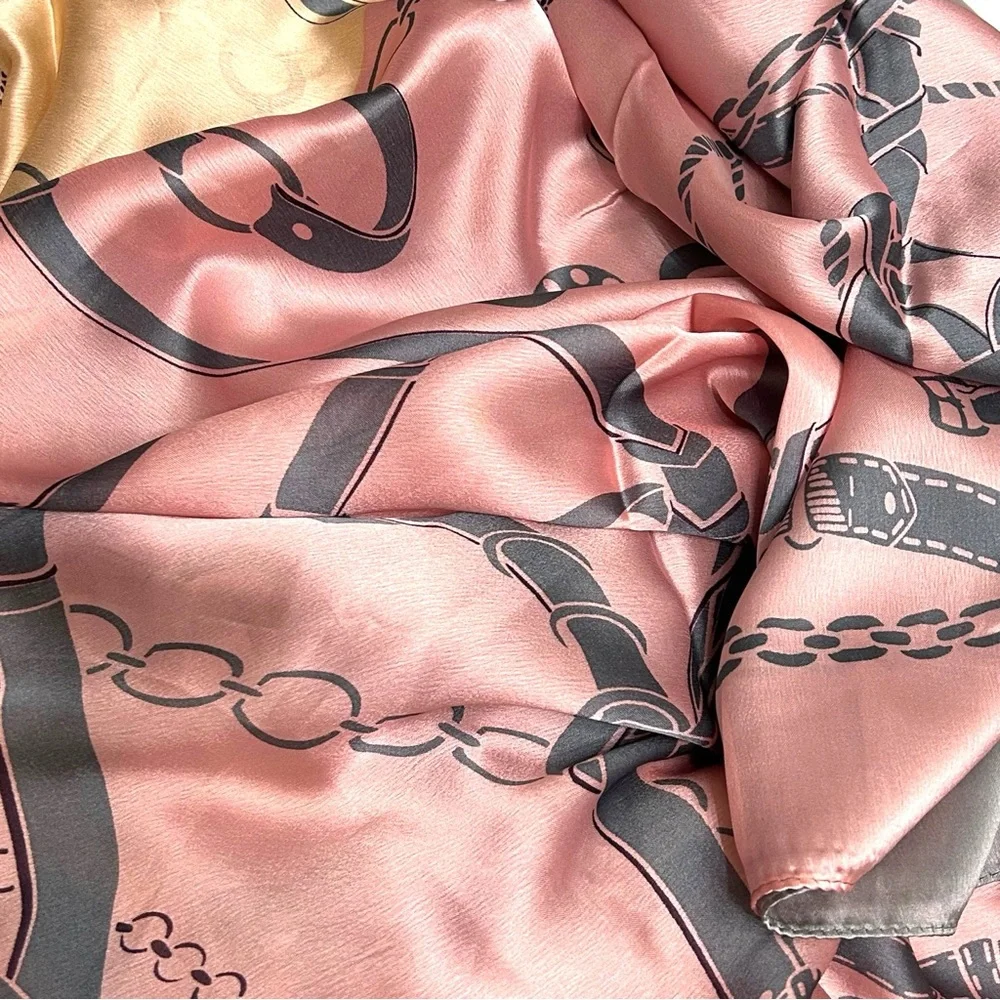 Silky Chain Print Colorblock Scarf - Gray, Peach & Pink